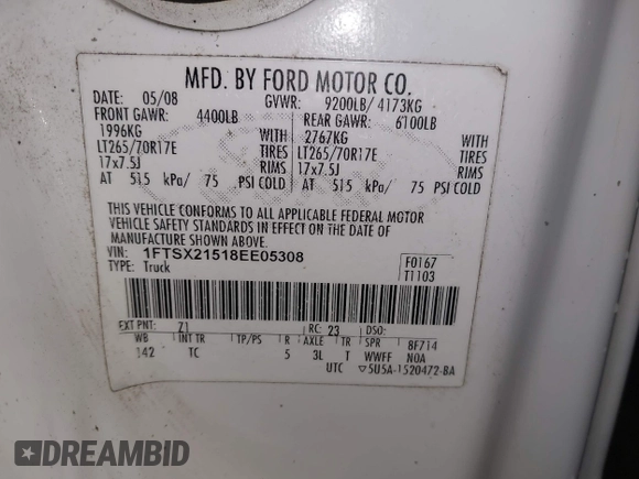 2008 Ford F-250 XL with VIN 1FTSX21518EE05308, listed as a IAAI auction lot 42322159 with 218,626 mi miles and . Bid and sale history available at DreamBid. Image 9.