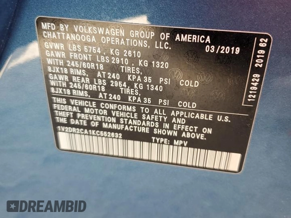 2019 Volkswagen Atlas SE с VIN 1V2DR2CA1KC552632, выставлен на аукционе Copart как лот 60830725 с пробегом 76 887 миль миль и Списание • Salvage title. История ставок и продаж доступна на DreamBid. Изображение 14.
