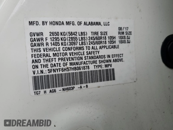 2017 Honda Pilot EX-L with VIN 5FNYF6H57HB061878, listed as a Copart auction lot 51531215 with 95,986 mi miles and Salvage Title. Bid and sale history available at DreamBid. Image 15.