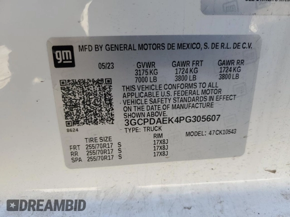 2023 Chevrolet Silverado 1500 with VIN 3GCPDAEK4PG305607, listed as a Copart auction lot 48935655 with 10,480 mi miles and Salvage Title. Bid and sale history available at DreamBid. Image 12.