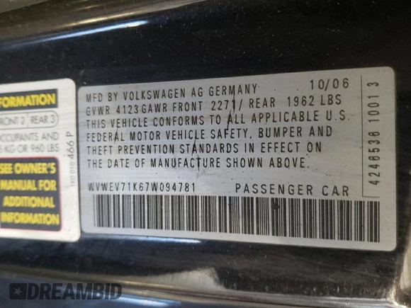 2007 Volkswagen GTI z VIN WVWEV71K67W094781, wystawiony jako Copart lot #46280475 z przebiegiem Nie podano mil oraz Szkoda całkowita • Salvage title. Historia ofert i sprzedaży dostępna na DreamBid. Obrazek 12.