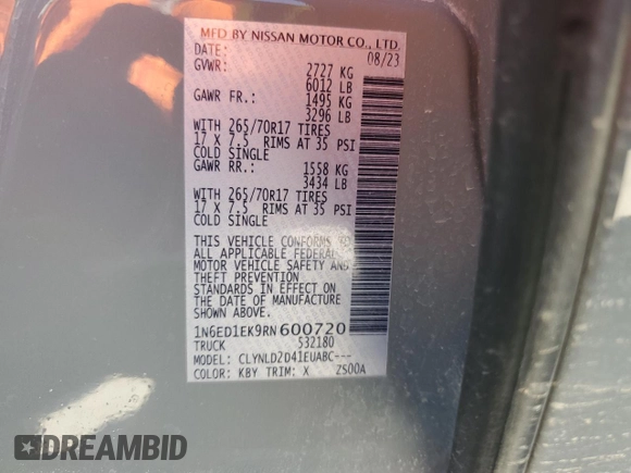 2024 Nissan Frontier PRO-4X with VIN 1N6ED1EK9RN600720, listed as a Copart auction lot 67608184 with 23,662 mi miles and Salvage Title. Bid and sale history available at carsss.com. Image 13.