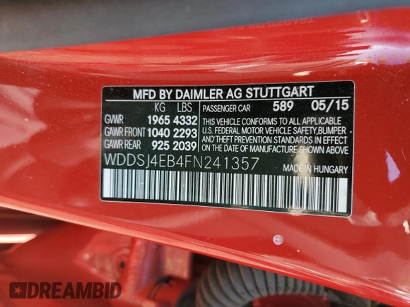2015 Mercedes-Benz CLA 250 with VIN WDDSJ4EB4FN241357, listed as a Copart auction lot 73822933 with 16,599 mi miles and . Bid and sale history available at DreamBid. Image 14.