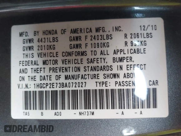 2011 Honda Accord EX with VIN 1HGCP2E73BA072027, listed as a IAAI auction lot 42229992 with 159,818 mi miles and . Bid and sale history available at DreamBid. Image 9.