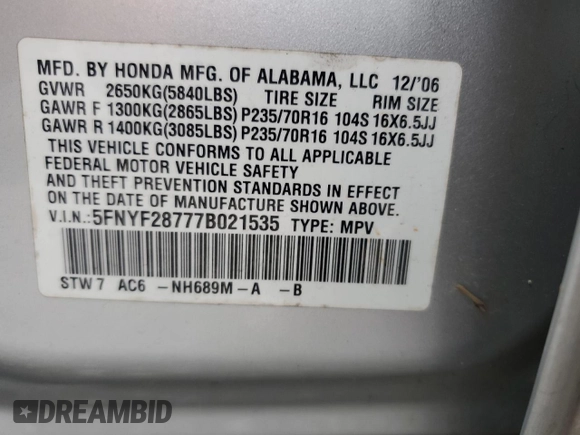 2007 Honda Pilot EX-L with VIN 5FNYF28777B021535, listed as a Copart auction lot 79823904 with 282,340 mi miles and Salvage Title. Bid and sale history available at DreamBid. Image 13.