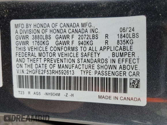 2024 Honda Civic Sport with VIN 2HGFE2F53RH592613, listed as a Copart auction lot 56556885 with 10,849 mi miles and Salvage title. Bid and sale history available at DreamBid. Image 12.