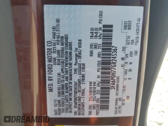 2016 Ford Fusion SE with VIN 3FA6P0H77GR245367, listed as a Copart auction lot 64802165 with 131,460 mi miles and Salvage title. Bid and sale history available at DreamBid. Image 12.