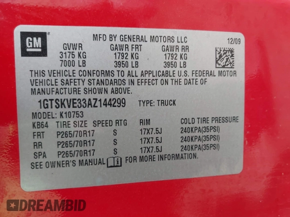 2010 GMC Sierra 1500 SLE z VIN 1GTSKVE33AZ144299, wystawiony jako IAAI lot #41086313 z przebiegiem 199 994 mil mil oraz . Historia ofert i sprzedaży dostępna na DreamBid. Obrazek 9.