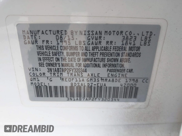 2015 Nissan Sentra S with VIN 3N1AB7AP2FY320344, listed as a IAAI auction lot 41959087 with 113,050 mi miles. Bid and sale history available at carsss.com. Image 9.