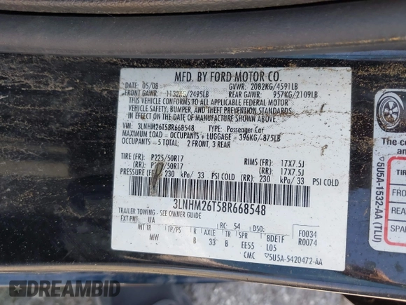 2008 Lincoln MKZ with VIN 3LNHM26T58R668548, listed as a IAAI auction lot 42784580 with 101,609 mi miles and . Bid and sale history available at DreamBid. Image 9.