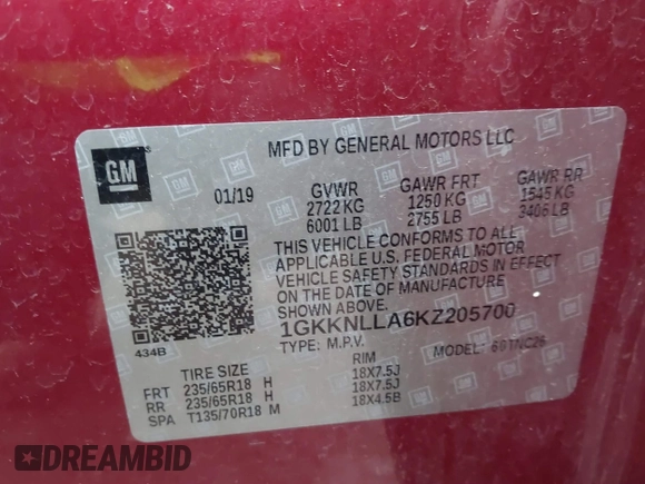 2019 GMC Acadia SLE z VIN 1GKKNLLA6KZ205700, wystawiony jako IAAI lot #41509326 z przebiegiem 99 437 mil mil oraz . Historia ofert i sprzedaży dostępna na DreamBid. Obrazek 9.