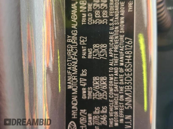 2025 Hyundai Tucson SEL with VIN 5NMJB3DE8SH481267, listed as a Copart auction lot 54500005 with 10,986 mi miles and Salvage Title. Bid and sale history available at DreamBid. Image 13.