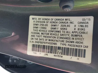 2015 Honda Civic Sedan EX-L with VIN 2HGFB2F97FH532485, listed as a IAAI auction lot 41089736 with 73,706 mi miles. Bid and sale history available at carsss.com. Image 9.