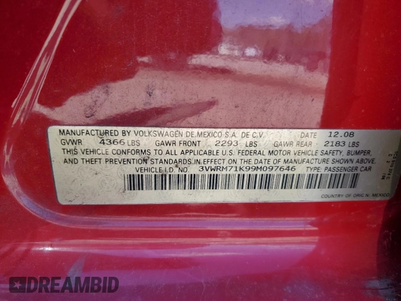 2009 Volkswagen Jetta SE с VIN 3VWRM71K99M097646, выставлен на аукционе Copart как лот 56256345 с пробегом 170 262 миль миль и Списание • Salvage title. История ставок и продаж доступна на DreamBid. Изображение 12.