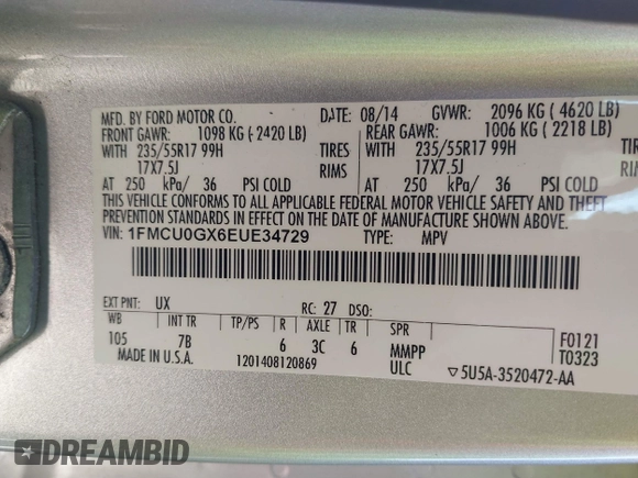2014 Ford Escape SE with VIN 1FMCU0GX6EUE34729, listed as a IAAI auction lot 41879689 with 167,600 mi miles and . Bid and sale history available at DreamBid. Image 9.
