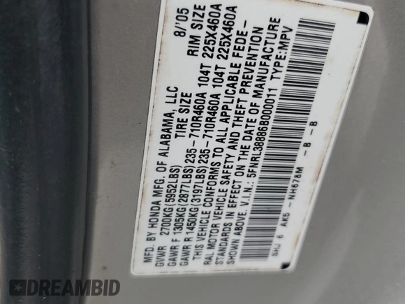 2006 Honda Odyssey Touring z VIN 5FNRL38886B000011, wystawiony jako Copart lot #57399225 z przebiegiem 256 217 mil mil oraz Szkoda całkowita • Salvage title. Historia ofert i sprzedaży dostępna na DreamBid. Obrazek 13.