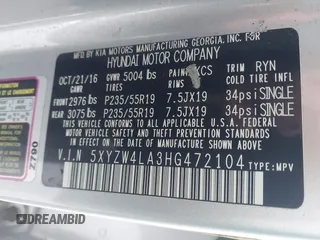 2017 Hyundai Santa Fe Ultimate z VIN 5XYZW4LA3HG472104, wystawiony jako IAAI lot #42352652 z przebiegiem 114 205 mil mil oraz . Historia ofert i sprzedaży dostępna na DreamBid. Obrazek 9.