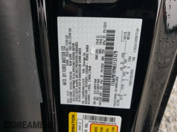 2021 Ford Mustang EcoBoost with VIN 1FA6P8TH9M5157479, listed as a Copart auction lot 59076335 with 53,901 mi miles and Salvage title. Bid and sale history available at DreamBid. Image 12.