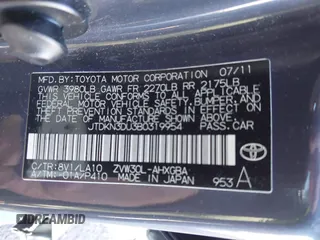 2011 Toyota Prius I with VIN JTDKN3DU3B0319954, listed as a IAAI auction lot 41367940 with 162,127 mi miles and . Bid and sale history available at DreamBid. Image 9.