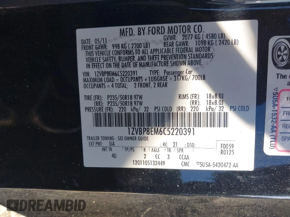 2012 Ford Mustang V6 with VIN 1ZVBP8EM6C5220391, listed as a IAAI auction lot 41596317 with 144,165 mi miles and . Bid and sale history available at DreamBid. Image 9.