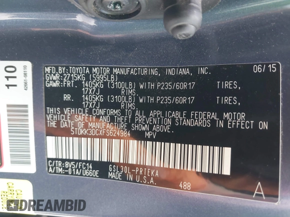 2015 Toyota Sienna LE AAS with VIN 5TDKK3DCXFS624984, listed as a IAAI auction lot 42560632 with 169,034 mi miles and . Bid and sale history available at DreamBid. Image 9.
