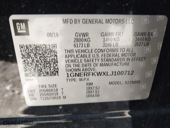 2020 Chevrolet Traverse LS with VIN 1GNERFKWXLJ100712, listed as a IAAI auction lot 41419480 with 59,815 mi miles. Bid and sale history available at carsss.com. Image 9.