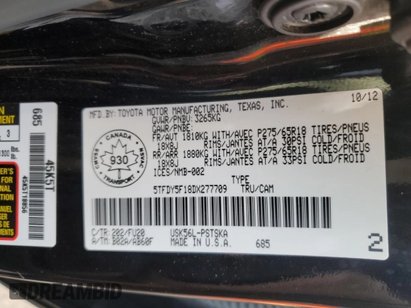 2013 Toyota Tundra z VIN 5TFDY5F18DX277709, wystawiony jako Copart lot #78623384 z przebiegiem 299 579 mil mil oraz Czysty tytuł • Clean title. Historia ofert i sprzedaży dostępna na DreamBid. Obrazek 12.