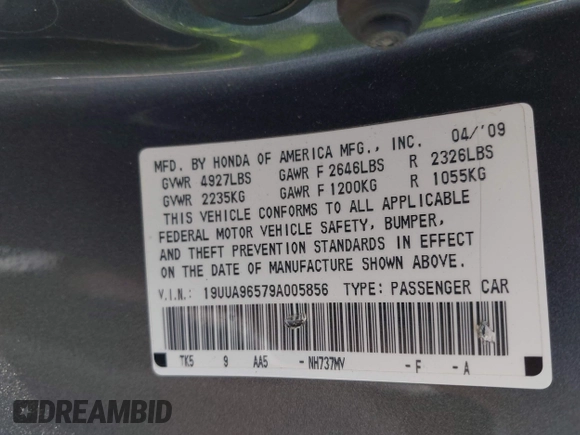 2009 Acura TL Technology z VIN 19UUA96579A005856, wystawiony jako IAAI lot #42117231 z przebiegiem 180 503 mil mil oraz . Historia ofert i sprzedaży dostępna na DreamBid. Obrazek 9.