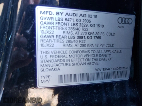 2019 Audi Q8 Premium Plus with VIN WA1EVAF14KD030993, listed as a Copart auction lot 39435663 with 57,547 mi miles. Bid and sale history available at carsss.com. Image 13.