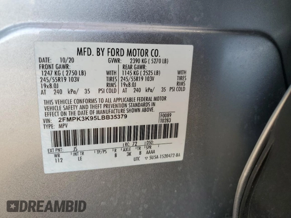 2020 Ford Edge Titanium with VIN 2FMPK3K95LBB35379, listed as a Copart auction lot 53027985 with 115,149 mi miles and Non repairable. Bid and sale history available at DreamBid. Image 13.