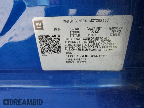 2020 Chevrolet Sonic LT with VIN 1G1JD5SB0L4143119, listed as a Copart auction lot 53456455 with 46,462 mi miles and Salvage title. Bid and sale history available at DreamBid. Image 12.