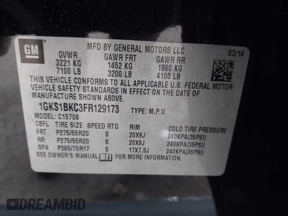 2015 GMC Yukon SLT with VIN 1GKS1BKC3FR129173, listed as a IAAI auction lot 41795585 with 97,893 mi miles. Bid and sale history available at carsss.com. Image 9.