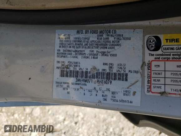 2008 Mercury Milan z VIN 3MEHM07168R603079, wystawiony jako Copart lot #77885424 z przebiegiem 155 352 mil mil oraz Nie do naprawy • Non repairable. Historia ofert i sprzedaży dostępna na DreamBid. Obrazek 12.