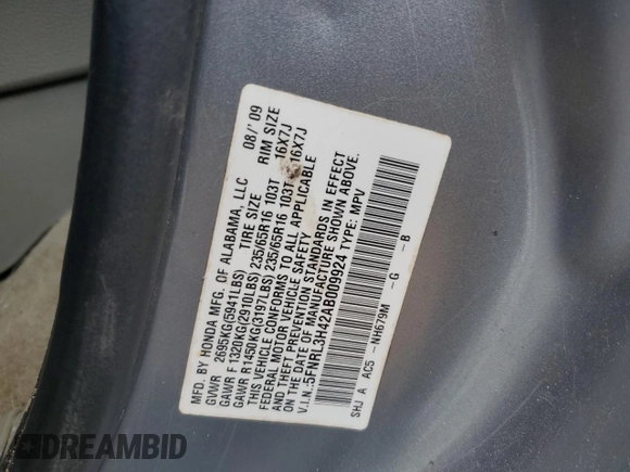 2010 Honda Odyssey EX with VIN 5FNRL3H42AB009924, listed as a Copart auction lot 58066365 with Not provided miles and Salvage title. Bid and sale history available at DreamBid. Image 13.