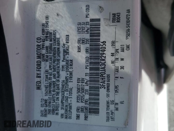 2012 Ford Fusion SEL with VIN 3FAHP0JA3CR294056, listed as a Copart auction lot 53647575 with 177,244 mi miles and Salvage Title. Bid and sale history available at carsss.com. Image 12.