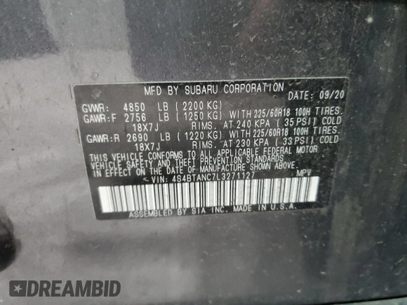 2020 Subaru Outback Limited with VIN 4S4BTANC7L3271127, listed as a Copart auction lot 60646755 with 108,519 mi miles and Clean title. Bid and sale history available at DreamBid. Image 12.