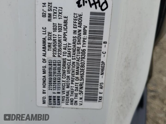 2014 Honda Odyssey EX-L with VIN 5FNRL5H63EB079306, listed as a Copart auction lot 57170635 with 256,140 mi miles and Clean title. Bid and sale history available at DreamBid. Image 13.