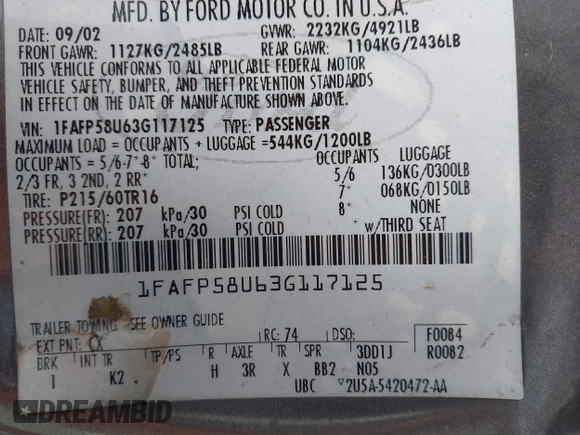 2003 Ford Taurus SE Standard with VIN 1FAFP58U63G117125, listed as a IAAI auction lot 42061812 with 172,154 mi miles. Bid and sale history available at carsss.com. Image 9.