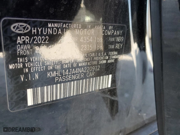2022 Hyundai Sonata SEL with VIN KMHL14JA4NA220912, listed as a Copart auction lot 52080794 with 34,071 mi miles and Non Repairable. Bid and sale history available at carsss.com. Image 14.