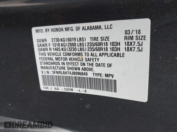 2018 Honda Odyssey EX-L with VIN 5FNRL6H74JB096849, listed as a IAAI auction lot 42136514 with 119,675 mi miles. Bid and sale history available at carsss.com. Image 9.