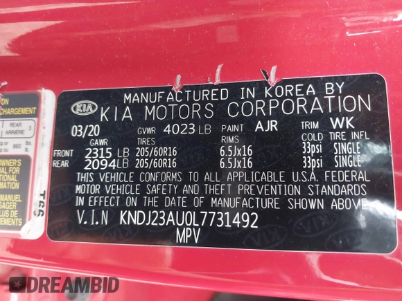 2020 Kia Soul S with VIN KNDJ23AU0L7731492, listed as a IAAI auction lot 41947351 with 71,484 mi miles and . Bid and sale history available at DreamBid. Image 9.