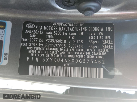 2013 Kia Sorento EX with VIN 5XYKU4A20DG325462, listed as a Copart auction lot 50361295 with 77,099 mi miles and Salvage Title. Bid and sale history available at carsss.com. Image 13.