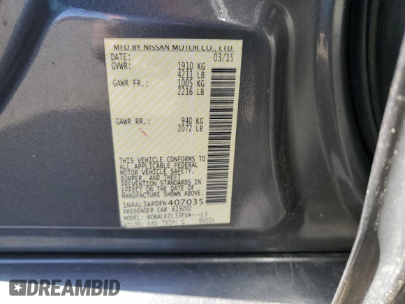 2015 Nissan Altima 2.5 S with VIN 1N4AL3AP0FN407035, listed as a Copart auction lot 50223075 with 220,158 mi miles and Salvage Title. Bid and sale history available at carsss.com. Image 14.