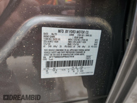2023 Ford Maverick XL with VIN 3FTTW8E93PRA57918, listed as a Copart auction lot 55580585 with 2,013 mi miles and Salvage Title. Bid and sale history available at DreamBid. Image 12.