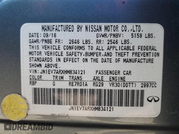 2017 Infiniti Q50 3.0t Signature Edition with VIN JN1EV7ARXHM834121, listed as a Copart auction lot 88704485 with 90,569 mi miles and Clean Title. Bid and sale history available at carsss.com. Image 12.