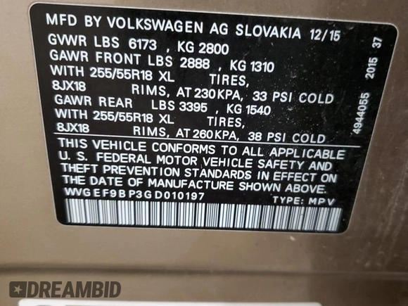 2016 Volkswagen Touareg Sport with VIN WVGEF9BP3GD010197, listed as a Copart auction lot 85826584 with 106,375 mi miles and Salvage Title. Bid and sale history available at DreamBid. Image 13.