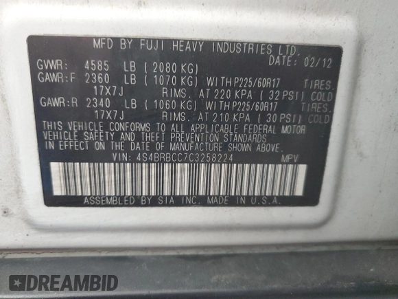 2012 Subaru Outback Prem with VIN 4S4BRBCC7C3258224, listed as a Copart auction lot 56739925 with 138,972 mi miles and Salvage title. Bid and sale history available at DreamBid. Image 14.