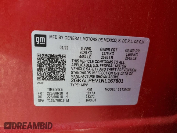 2022 GMC Terrain SLT with VIN 3GKALPEV1NL167801, listed as a Copart auction lot 48782995 with 17,944 mi miles and Salvage Title. Bid and sale history available at carsss.com. Image 13.