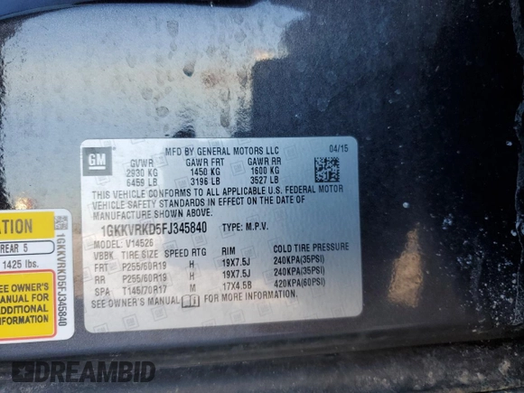 2015 GMC Acadia SLT with VIN 1GKKVRKD5FJ345840, listed as a Copart auction lot 45683865 with Not Provided miles and Salvage Title. Bid and sale history available at carsss.com. Image 15.