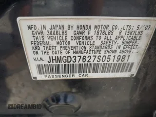 2007 Honda Fit Sport with VIN JHMGD37627S051981, listed as a IAAI auction lot 42081339 with 243,703 mi miles and . Bid and sale history available at DreamBid. Image 9.